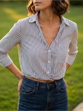 Love By Design Black & White Striped Twist-Front Blouse